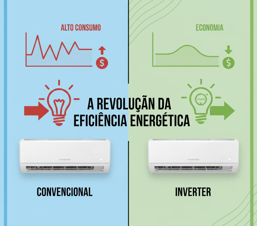 Infográfico comparativo de consumo anual entre ar-condicionado convencional e inverter