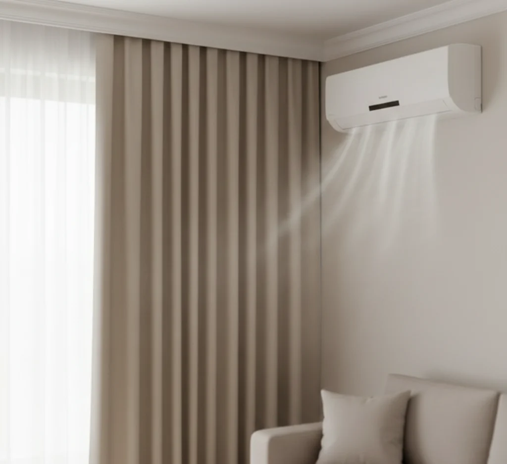 Ambiente climatizado com cortina fechada e janela vedada para melhor eficiência do ar-condicionado