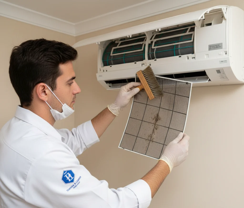Técnico realizando limpeza de filtro de ar-condicionado durante manutenção preventiva