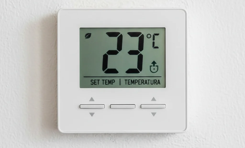 Display digital de ar-condicionado configurado em 23°C para otimizar consumo de energia