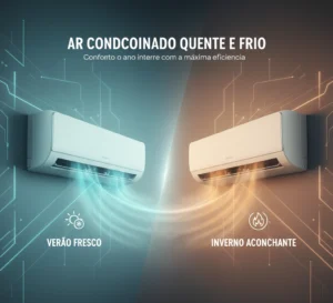 Ilustração técnica mostrando funcionamento e eficiência de uma bomba de calor para climatização.