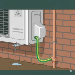 Aterramento de ar condicionado split com haste de cobre na parede de tijolos, mostrando o cabo terra verde e amarelo conectado à unidade externa. Segurança elétrica para climatização.