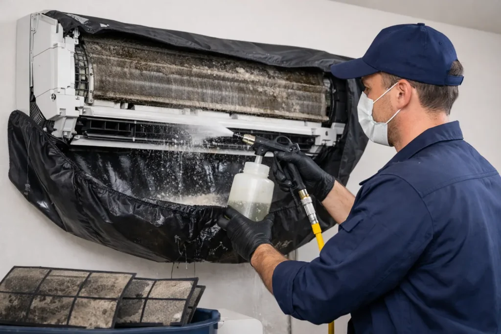 Limpeza de ar-condicionado sendo realizada em unidade interna suja, com remoção de poeira, fungos e resíduos da evaporadora para melhorar a qualidade do ar e o desempenho do equipamento.