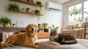 Cachorro e gato em ambiente climatizado com ar-condicionado