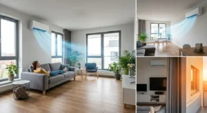 Um plano detalhado demonstrando o local ideal para o split, acima do sofá ou cama, com um ícone de verificação e setas de fluxo de ar.